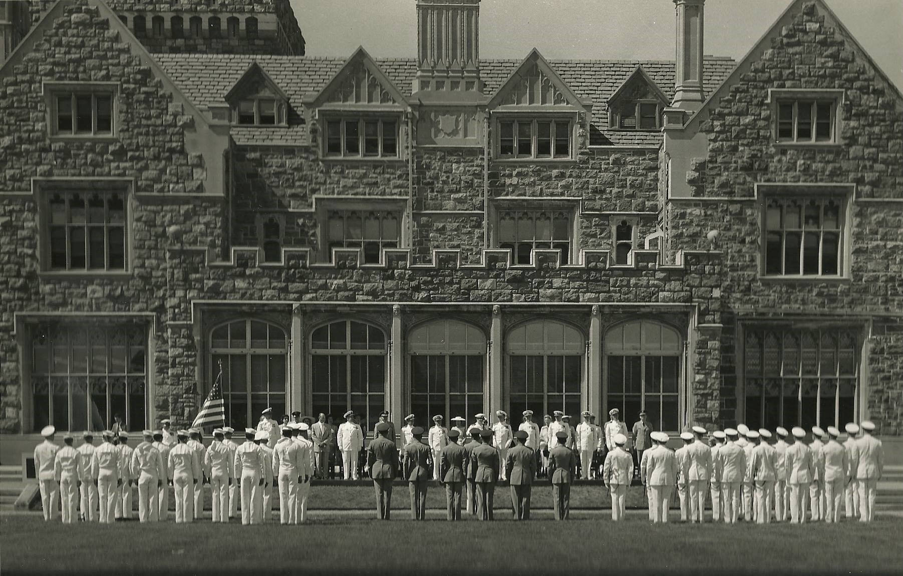 Archival Photo of naval officers standing in front of Hempstead House